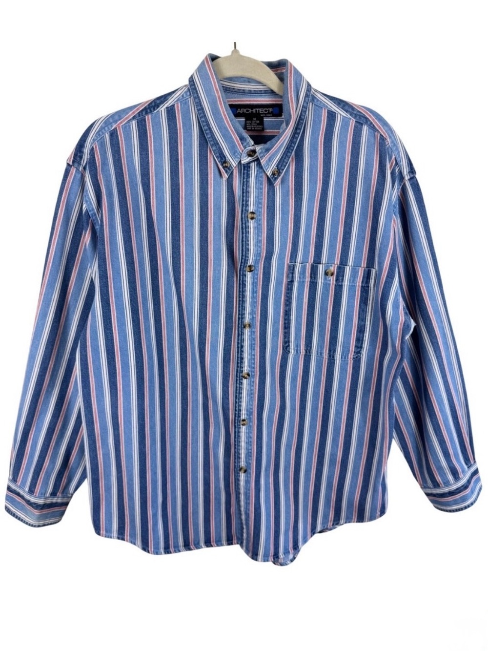 Architect Vintage Mens Blue Striped Button Down Shirt Long Sleeve Cotton Denim M